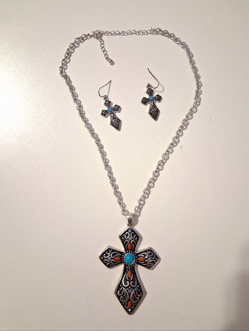 Silver-Tone Cross Pendant Necklace and Earrings Set with Turquoise Accents